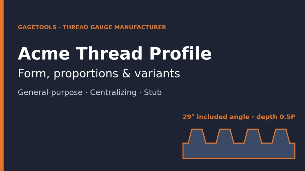 Acme thread profile: 29 degree included angle, flat crest and root, basic thread height 0.5P, compared with Stub Acme and trapezoidal threads