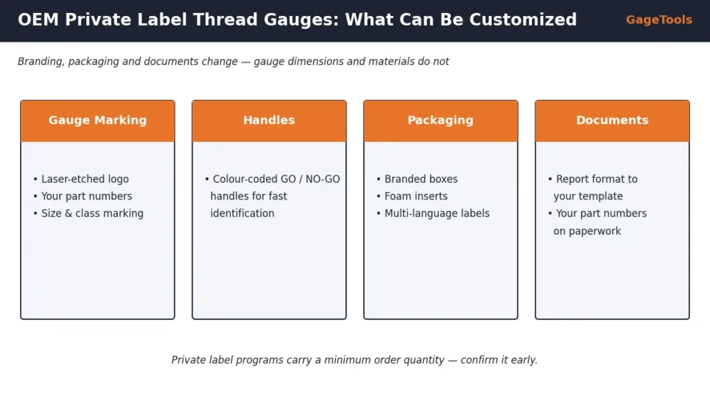 OEM private label thread gauge options: laser-etched marking, colour-coded handles, branded packaging and documents