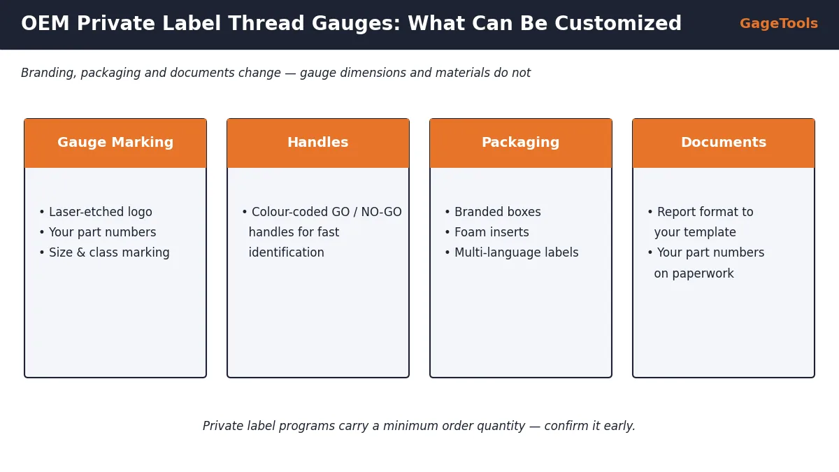 OEM private label thread gauge options: laser-etched marking, colour-coded handles, branded packaging and documents