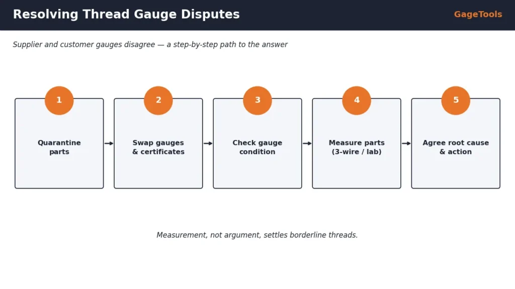 Thread gauge dispute resolution between supplier and customer gauges: causes, pitch diameter measurement, certificates and referee gauges