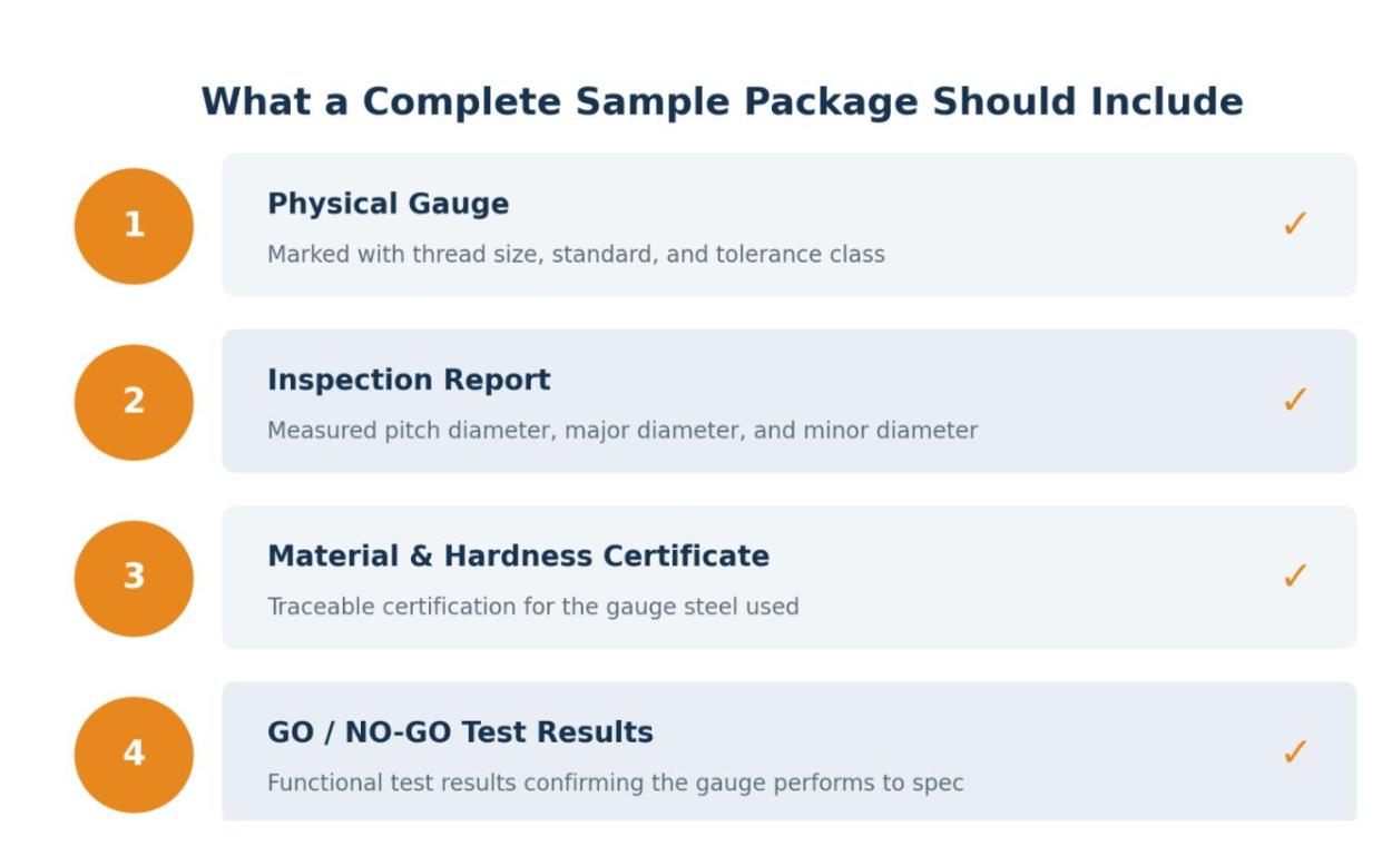 Checklist of what a complete custom thread gauge sample package should include: the marked physical gauge, an inspection report, a material and hardness certificate, and GO/NO-GO test results